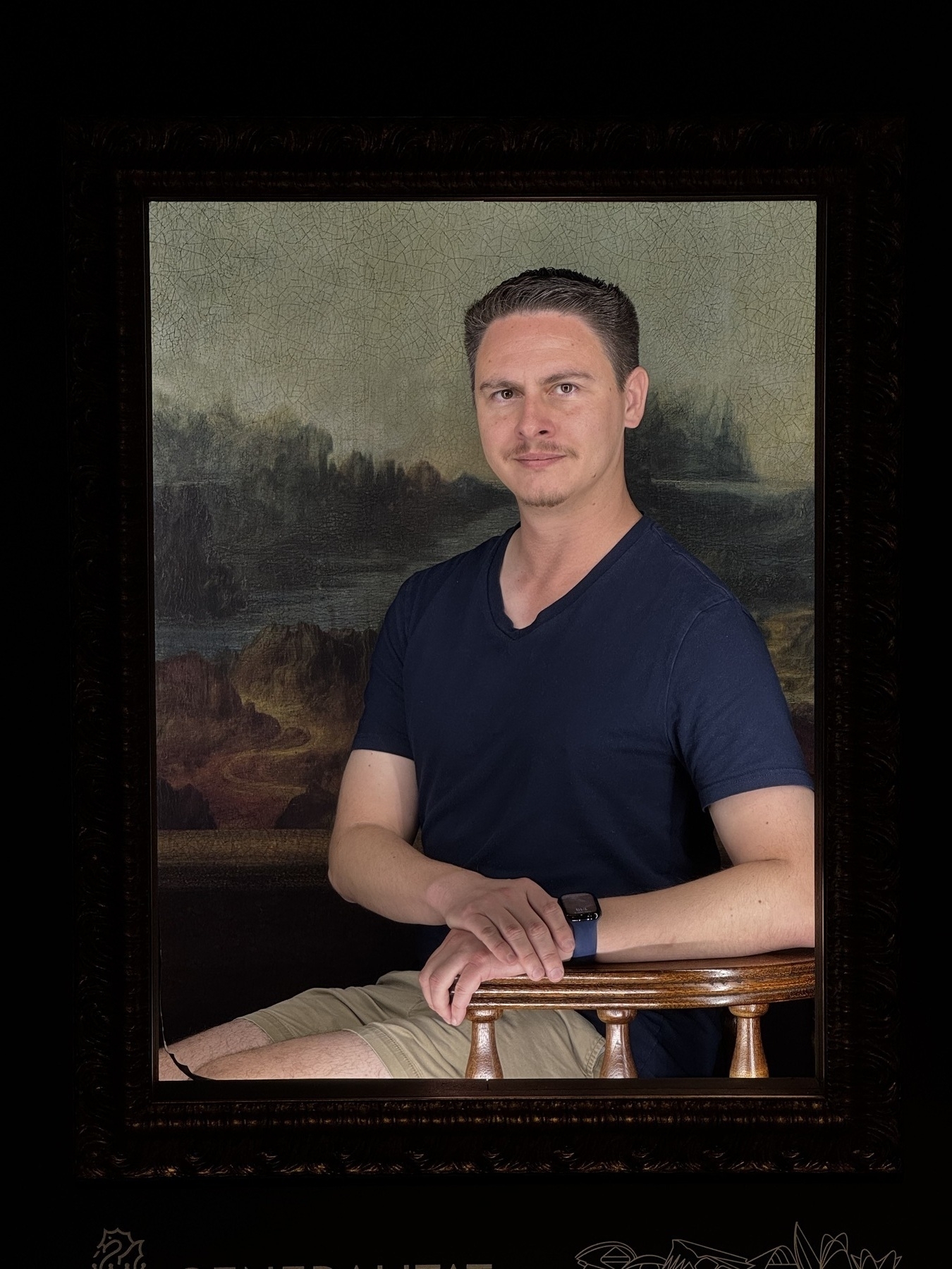 A man poses seated in a faux painting frame designed like the Mona Lisa at the Mona Lisa exhibition in Valencia’s City of Arts and Sciences, with a painted landscape mimicking the original background.