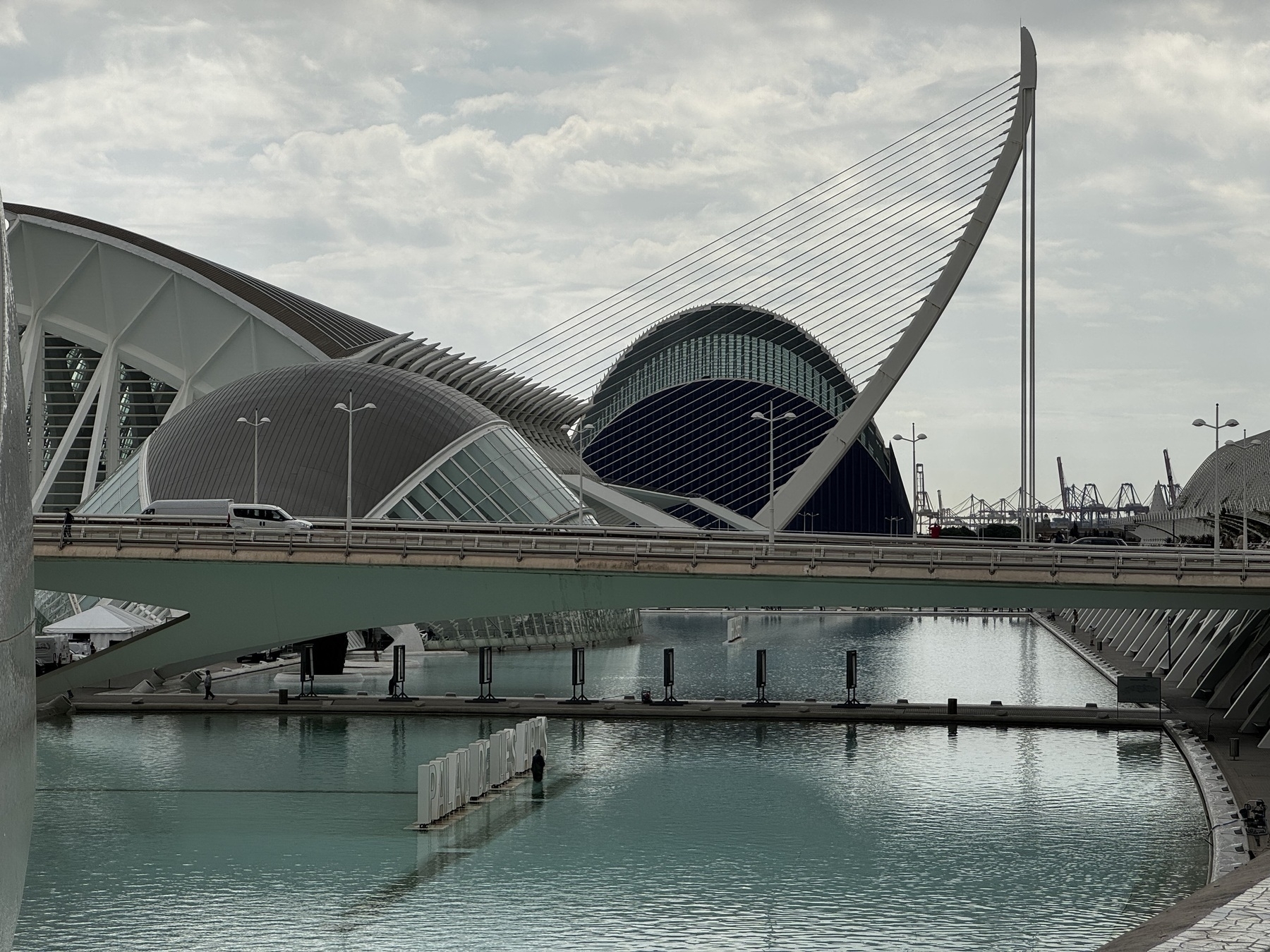 A striking view of the City of Arts and Sciences in Valencia showcasing the harp-shaped Assut de l’Or bridge, the domed L’Àgora, and nearby science buildings—an ensemble of bold, sculptural forms rising above calm turquoise water.