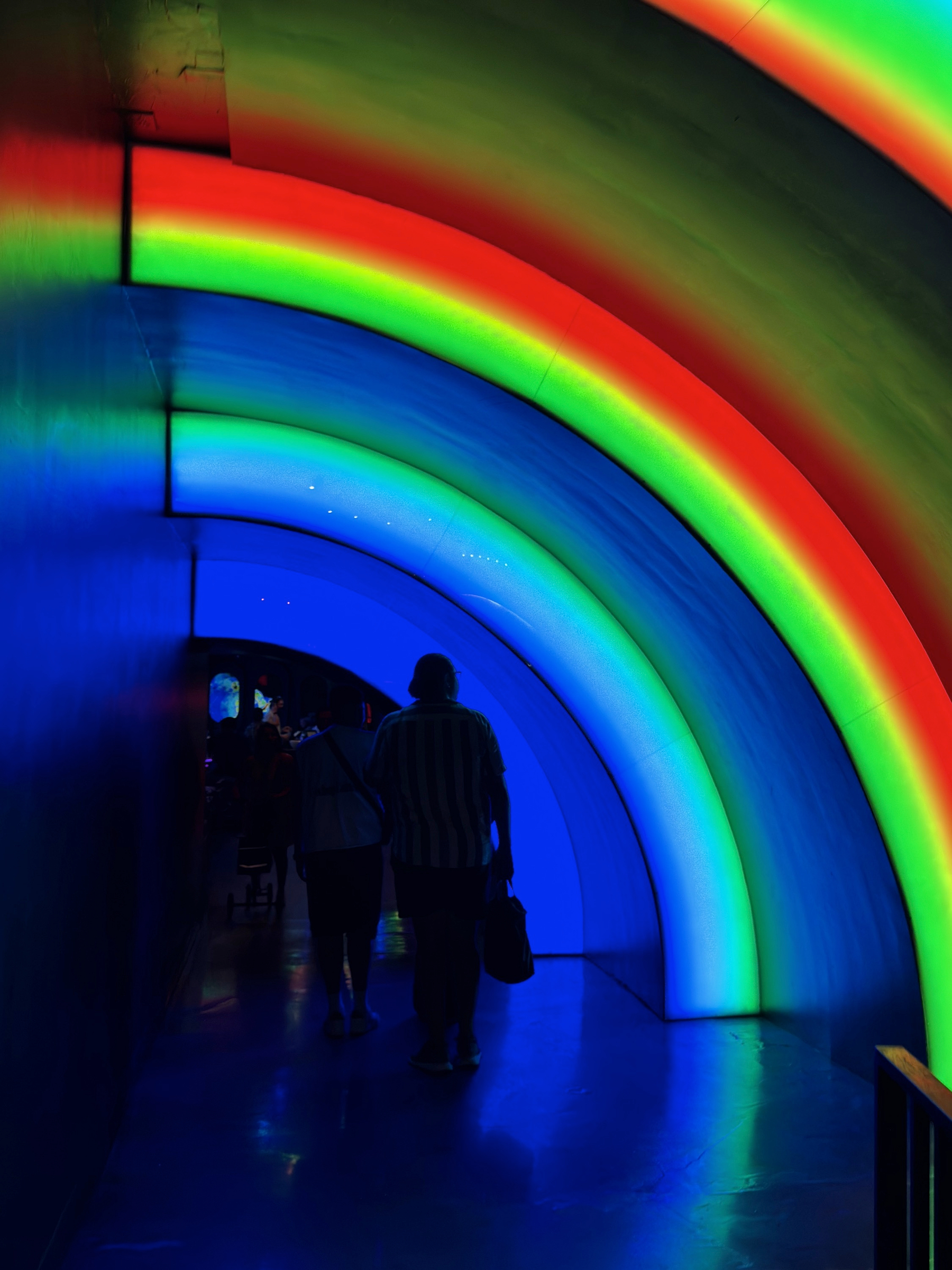 Visitors walk through a curved tunnel illuminated by bold rainbow bands of red, green, and blue light, the saturated colors arching overhead and reflecting on the glossy floor to create an immersive, otherworldly passage.