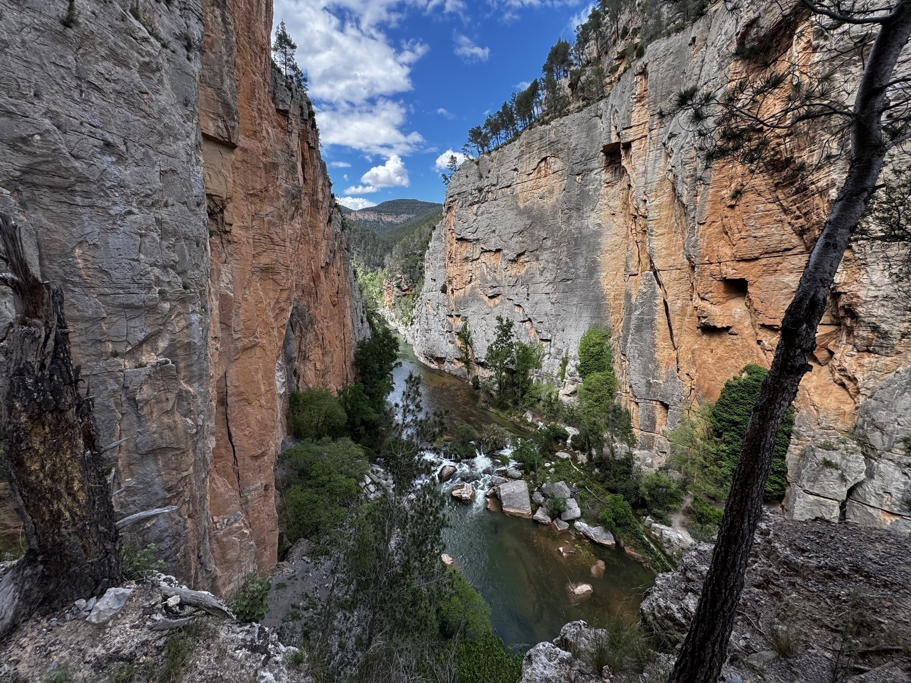A dramatic canyon with steep, towering rock walls on both sides and a river winding through the base, viewed from a higher vantage point.