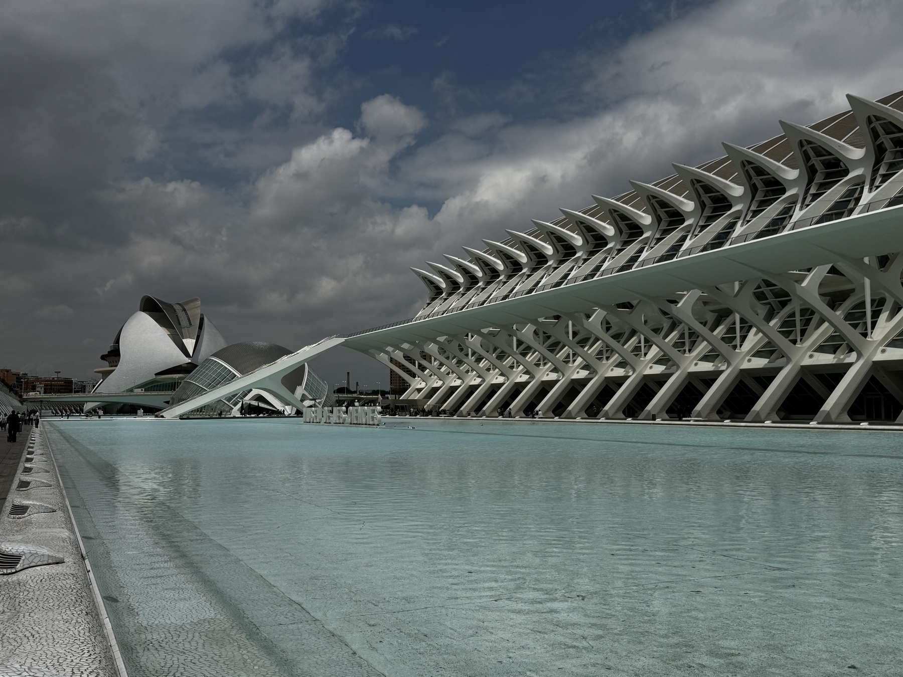 Panoramic view of the City of Arts and Sciences in Valencia, featuring sleek white structures reflected in the water, with bold geometric lines and curving forms creating a surreal, space-age atmosphere.