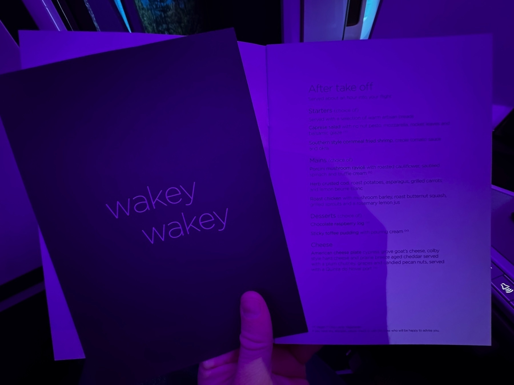 In-flight menu titled “wakey wakey” held open to reveal post-takeoff meal options including starters, mains, desserts, and cheese selections, all printed in fine text and illuminated by purple cabin lighting.