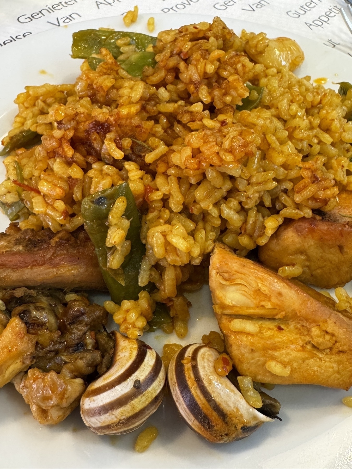A serving of traditional paella Valenciana on a plate, with saffron rice, green beans, rabbit, chicken, and two snails.