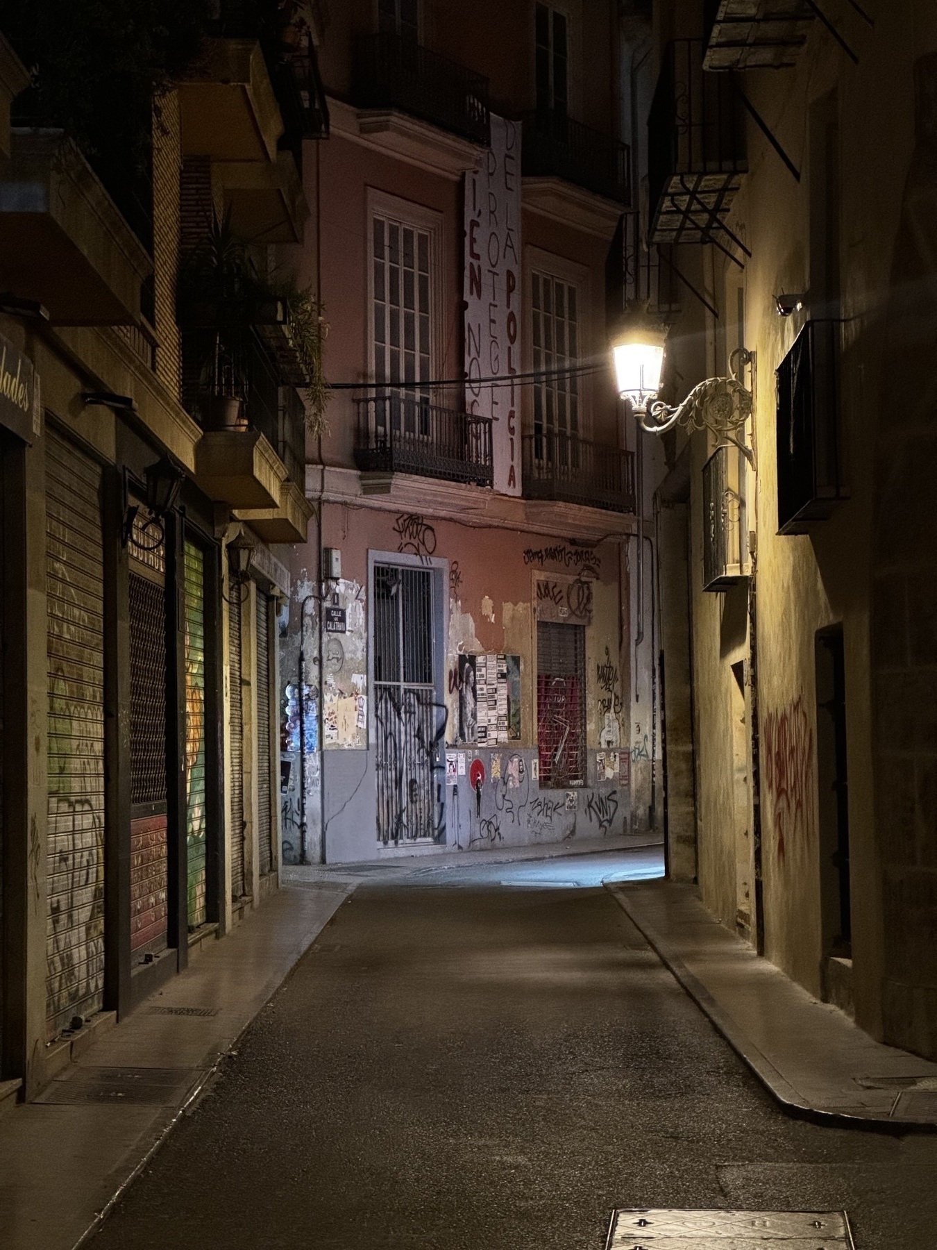 A dimly lit side street with graffiti-covered walls and a protest banner hanging from a balcony gives off an edgy, raw character. The mix of political expression and gritty textures adds emotional depth.