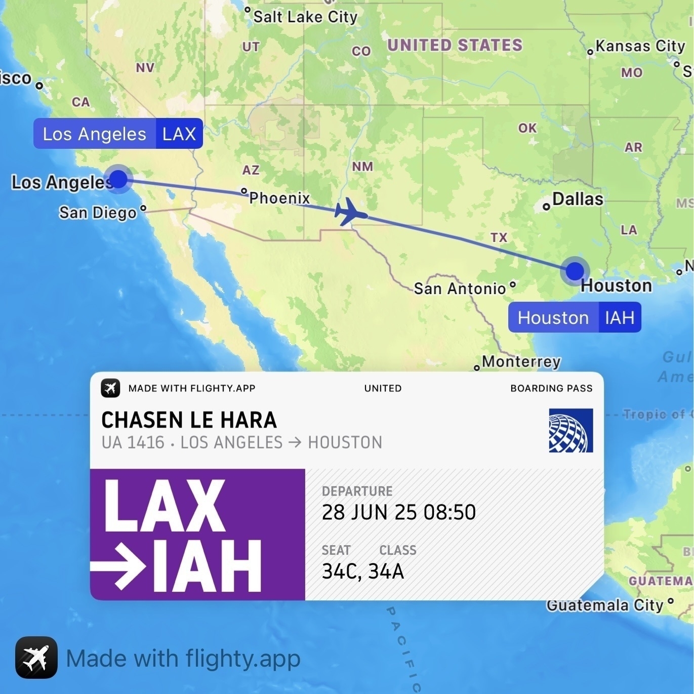 Los Angeles–to–Houston flight map showing a blue route line from LAX to IAH across the southwestern United States, with a small airplane icon near Arizona; overlaid boarding pass from Flighty app for United flight UA 1416 on 28 Jun 2025 at 08:50, passenger “Chasen Le Hara,” seats 34C and 34A, and a bold purple “LAX → IAH” tag.